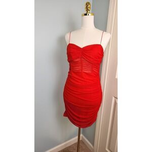 Superdown Ruched Mini Dress Women Large Red Mesh Corset Bodycon